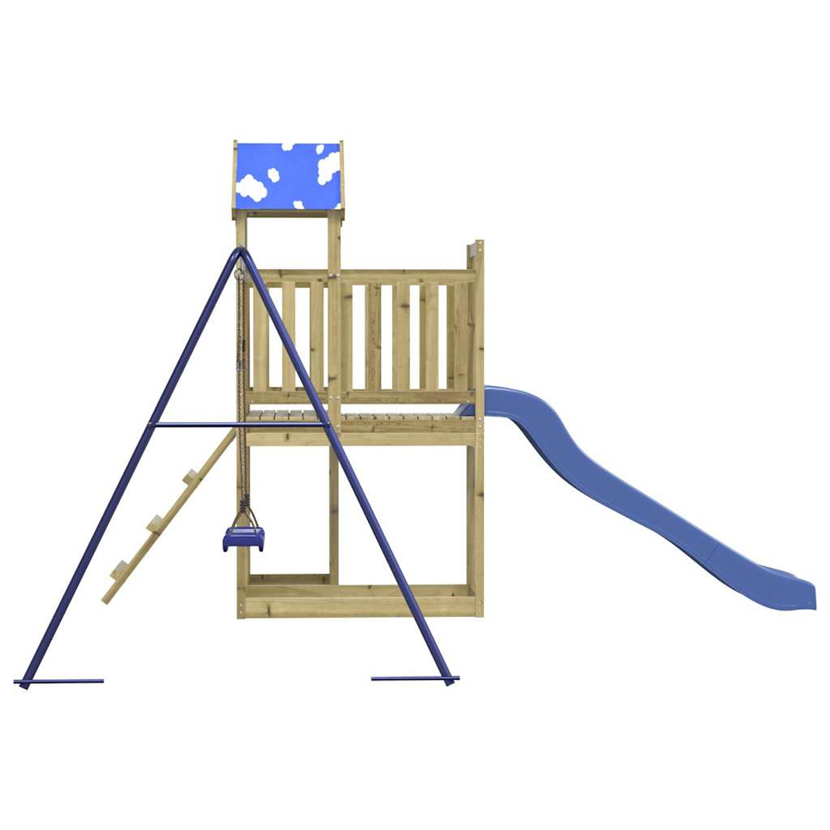 Ein Holzspielturm mit Rutsche, Schaukel und Leiter, blaue Elemente.