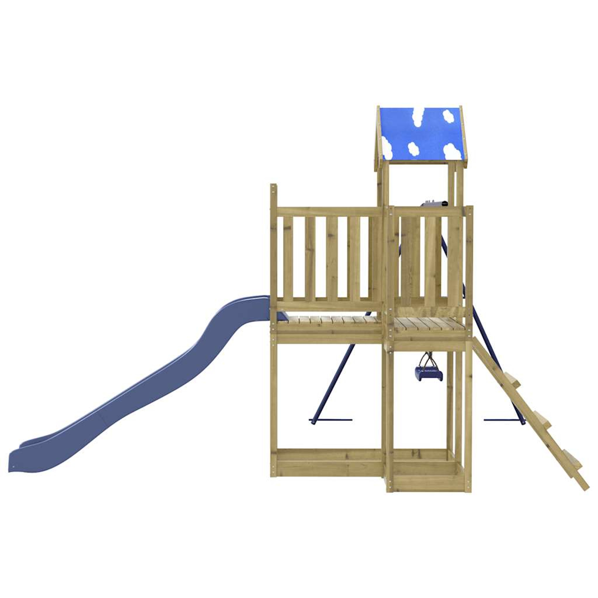 Holzspielturm mit blauer Rutsche und Hängebrücke, weißem Dach.