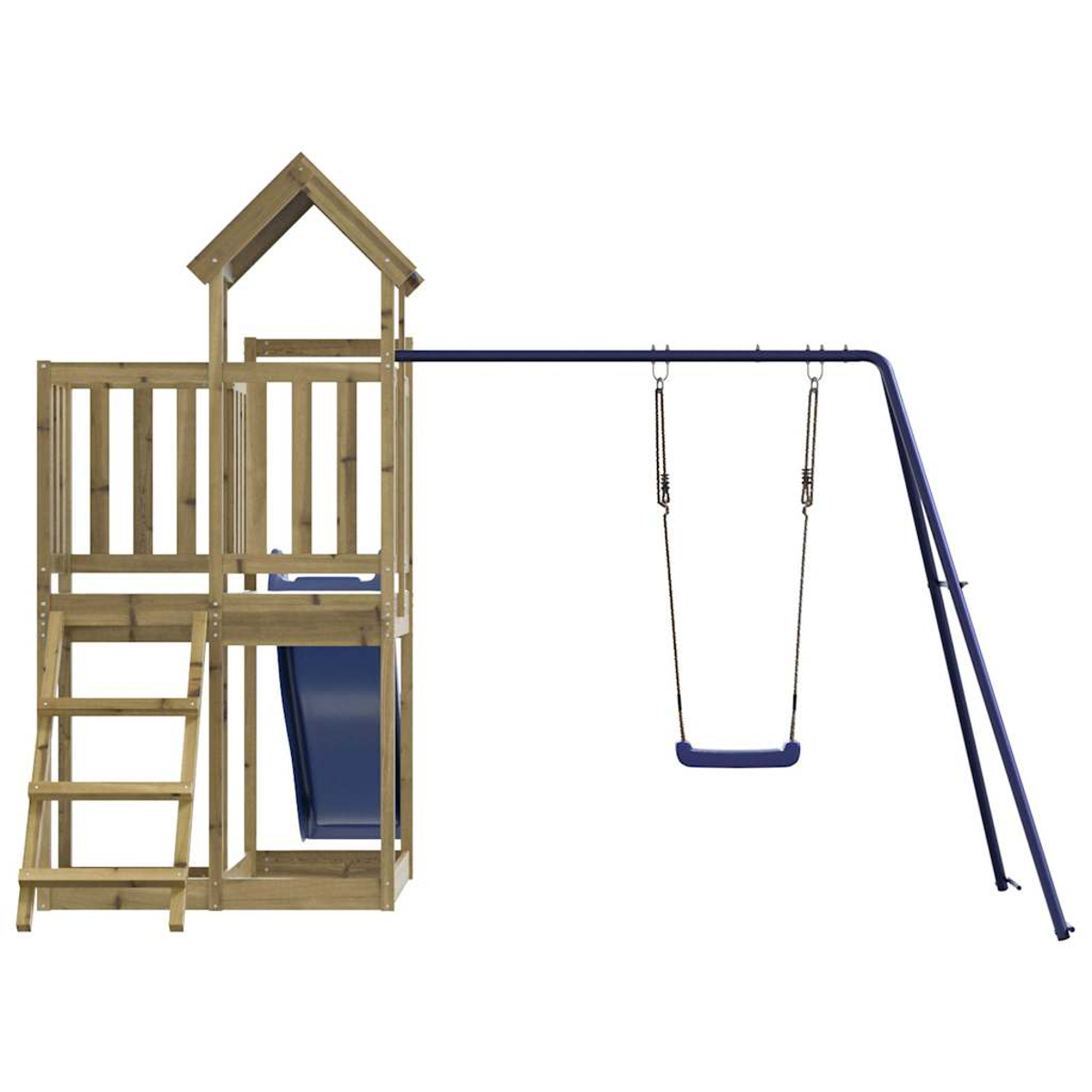 Holzspielturm mit Rutsche und Schaukel. Weiße Hintergrund.