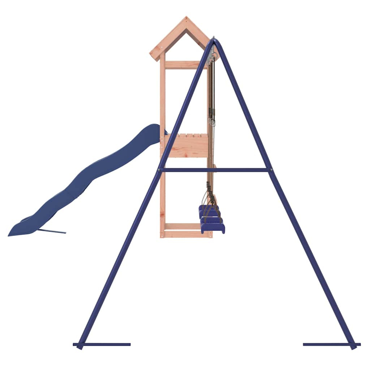 Ein Spielturm mit Rutsche und Schaukeln, blau und naturfarben.