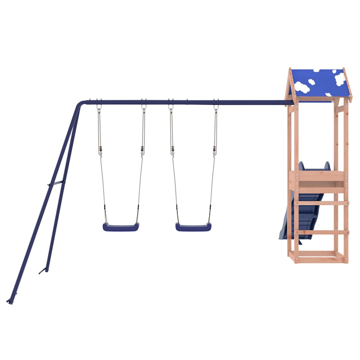 Ein Spielturm mit Schaukeln und einer Rutsche, Holzrahmen, blaue Sitze.