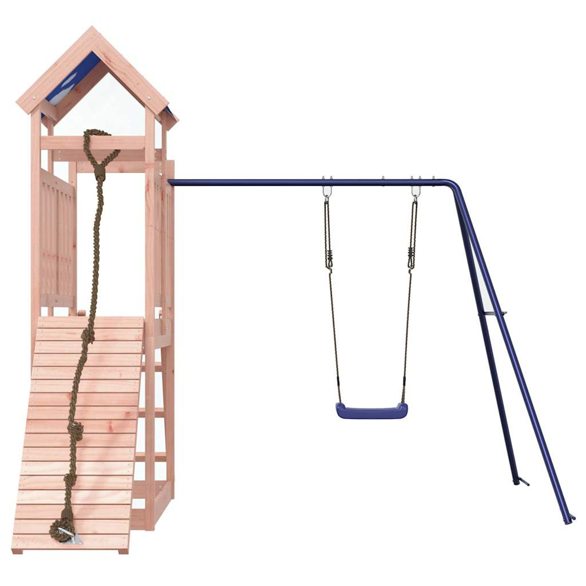 Holzspielturm mit Rutsche, Kletterseil und blauer Schaukel.