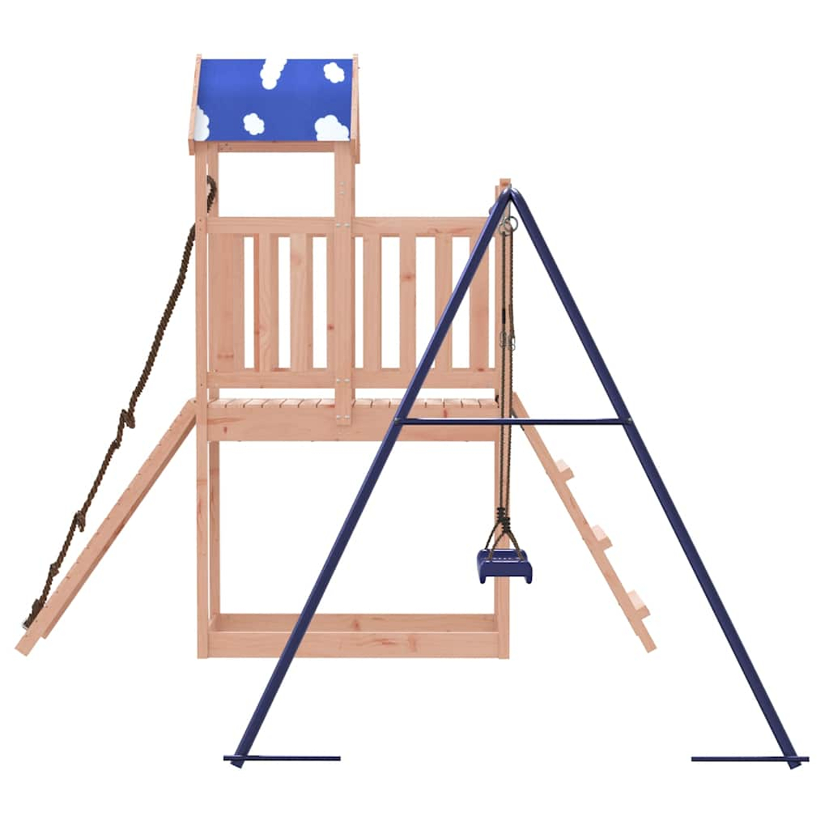Holzspielgerüst mit blauer Wolkendachhaube, Strickleiter, Schaukel und Leiter.