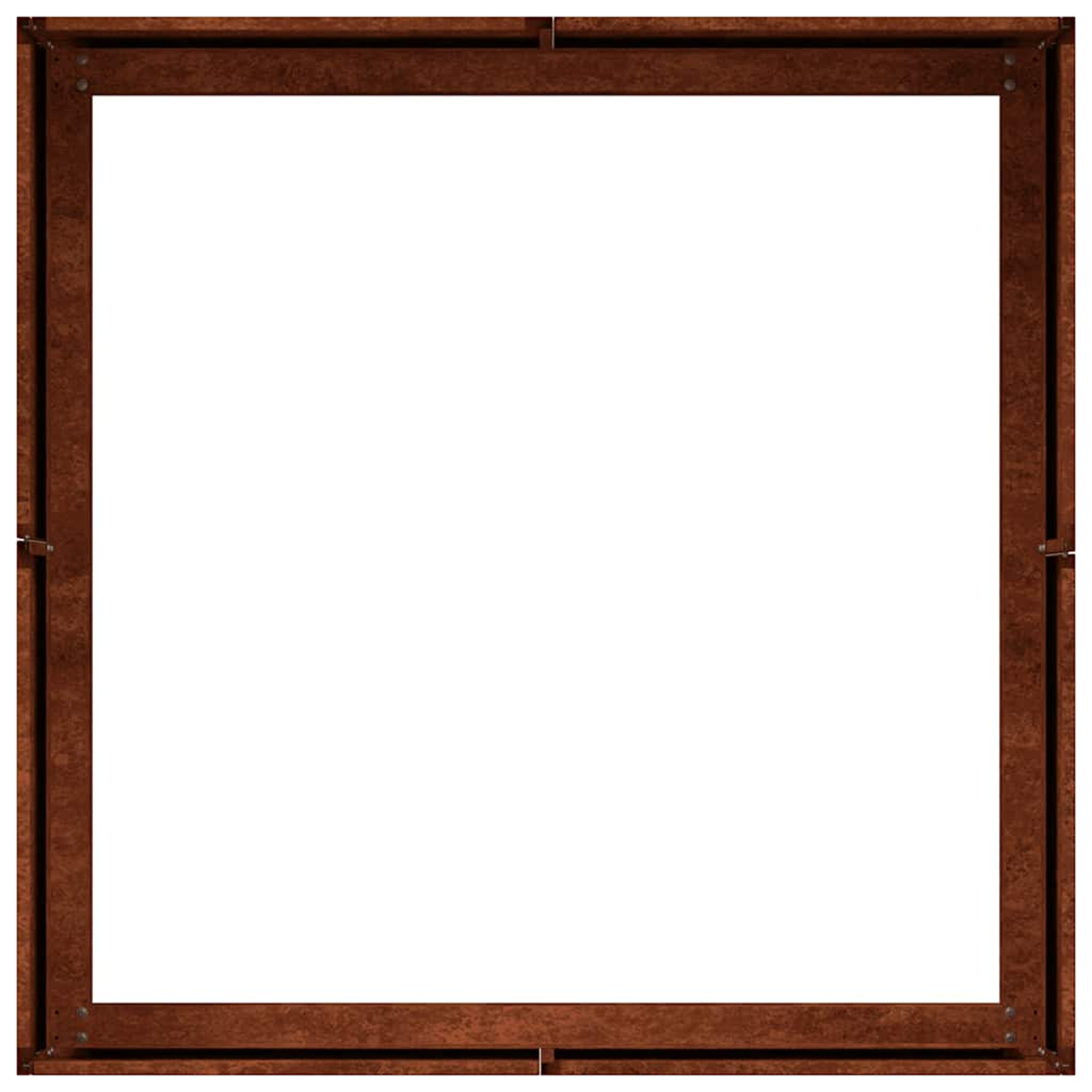 Una cornice rustica in legno marrone con viti e giunzioni visibili.