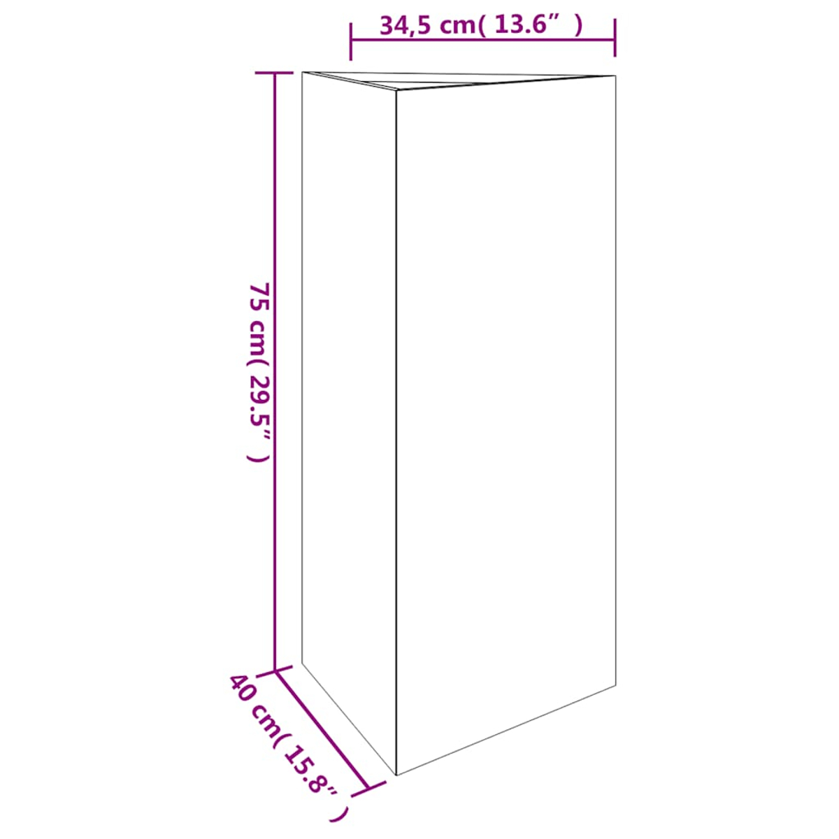 Zeichnung eines rechteckigen Prismas mit Maßen 34,5 cm, 75 cm, 40 cm.