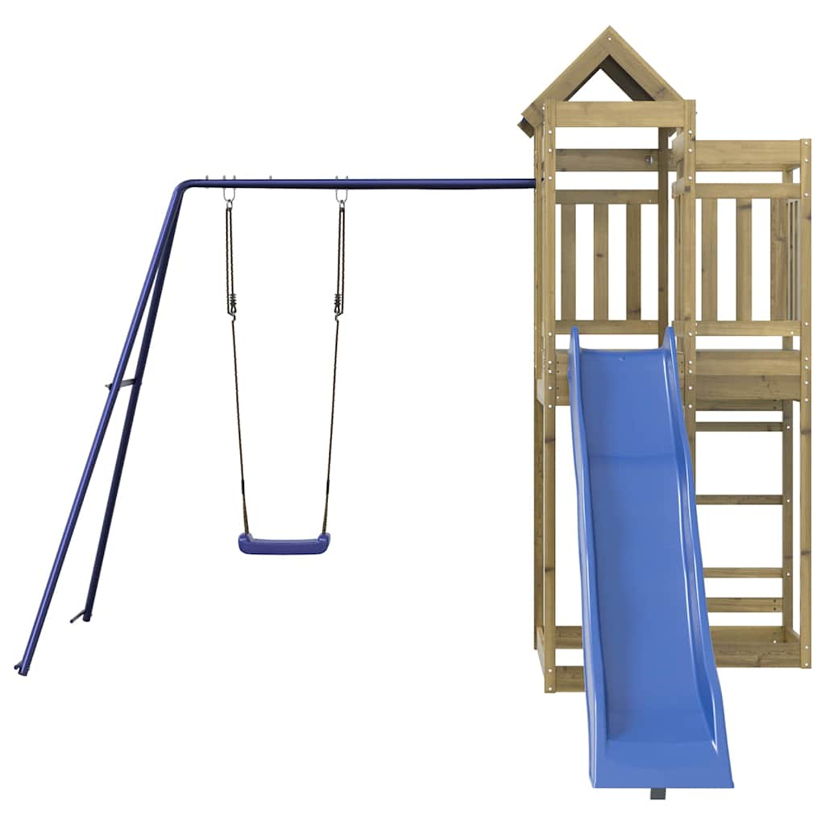 Holzspielturm mit Rutsche und Schaukel.