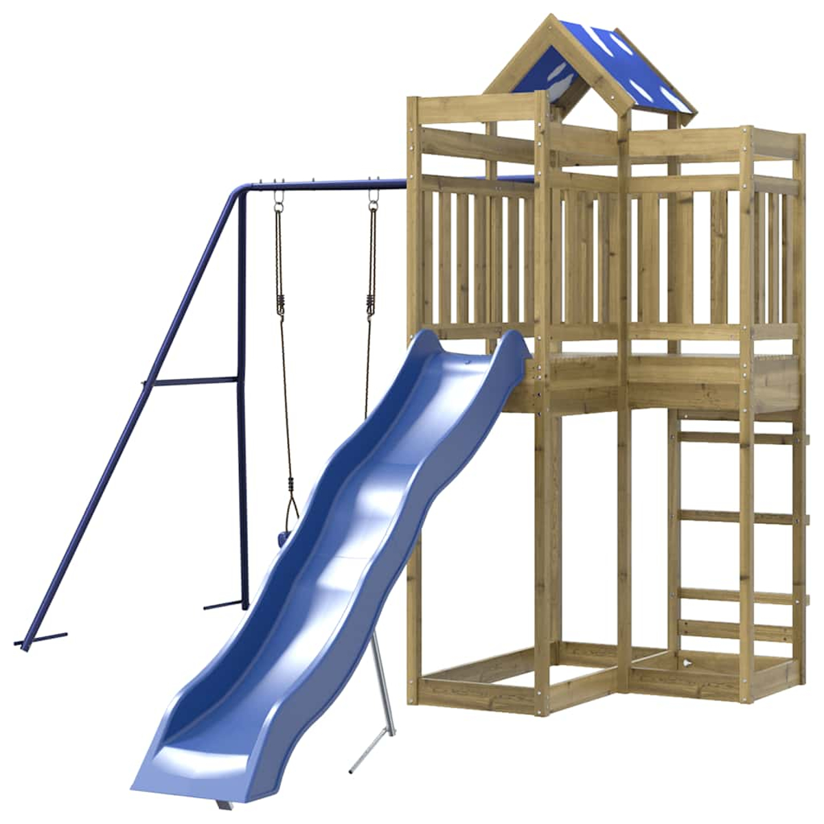 Ein hölzerner Spielturm mit Rutsche und Schaukel.