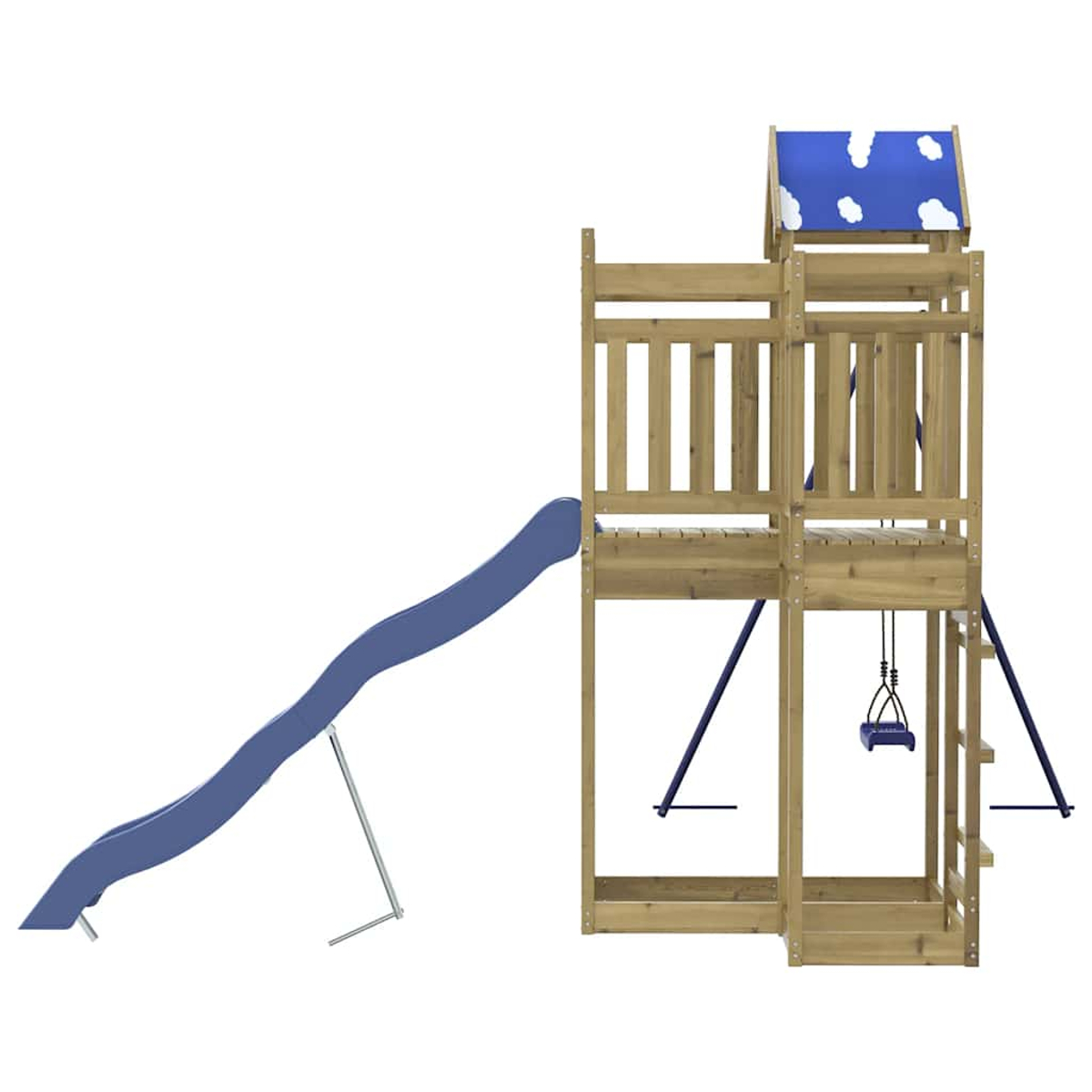 Holzspielplatz mit blauer Rutsche und Schaukel. Mit zweistöckiger Plattform und blauem Dach.
