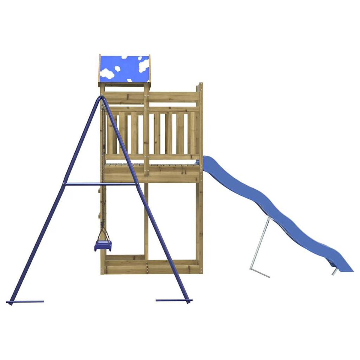 Ein hölzerner Spielturm mit blauer Rutsche und Schaukel.