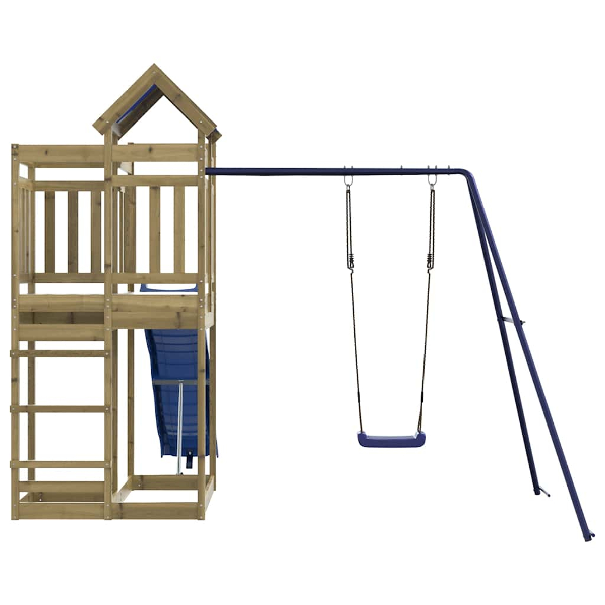 Holzspielturm mit Leiter, Rutsche und Schaukel auf weißem Hintergrund.