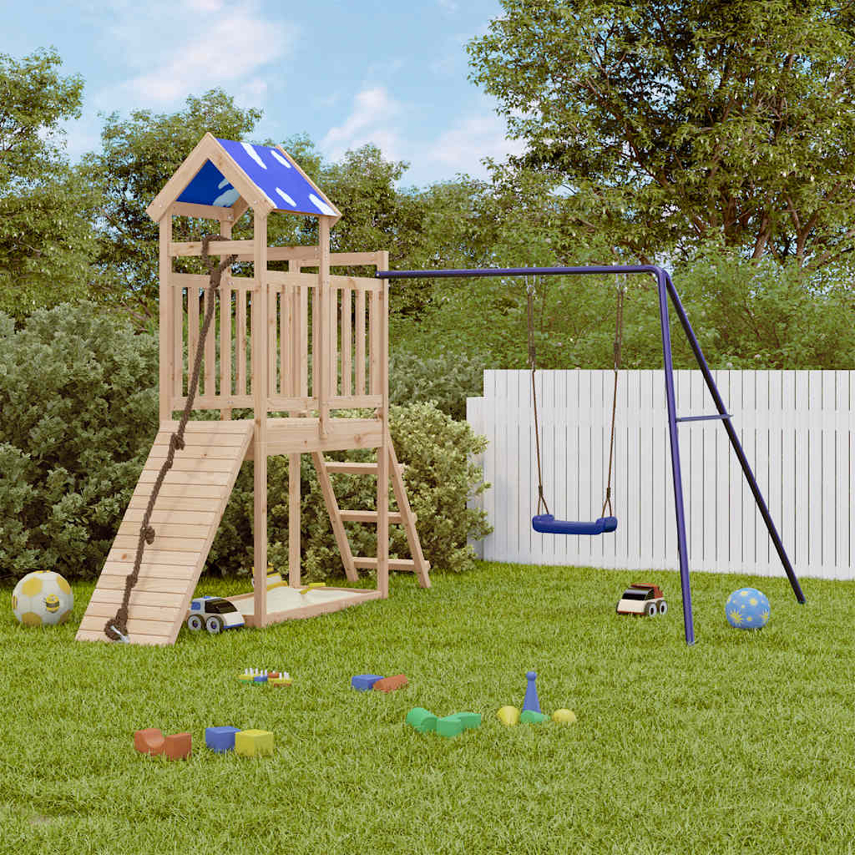 Ein Holzspielturm mit Rutsche, Seil und Schaukel im Garten.