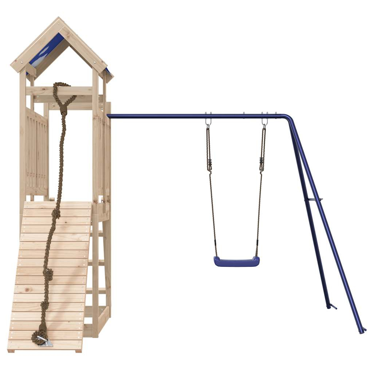 Ein Holzspielturm mit Rutsche, Kletterseil und blauer Schaukel auf einem Metallgestell.