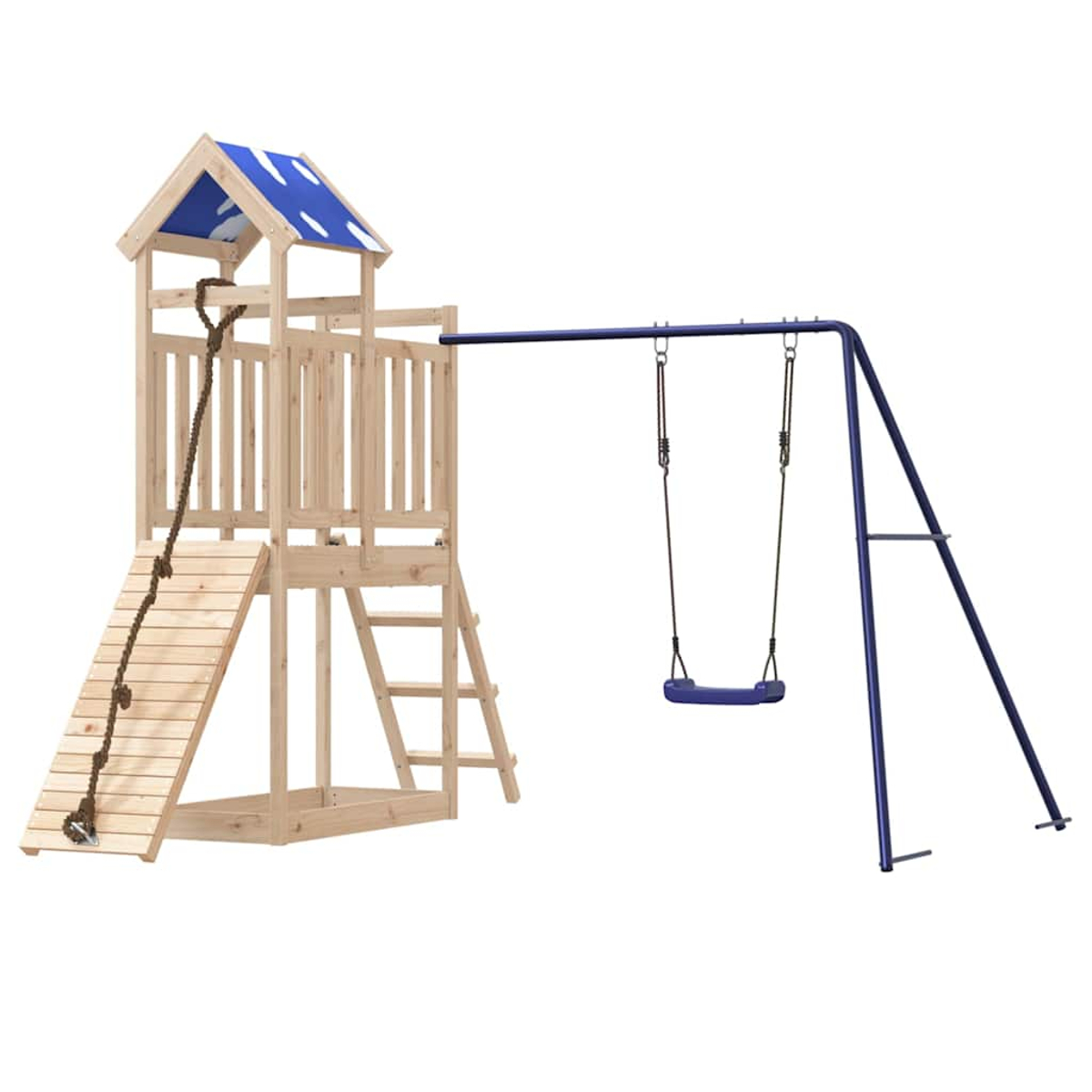 Ein Holzspielturm mit Rutsche, Seil und Schaukelgestell.