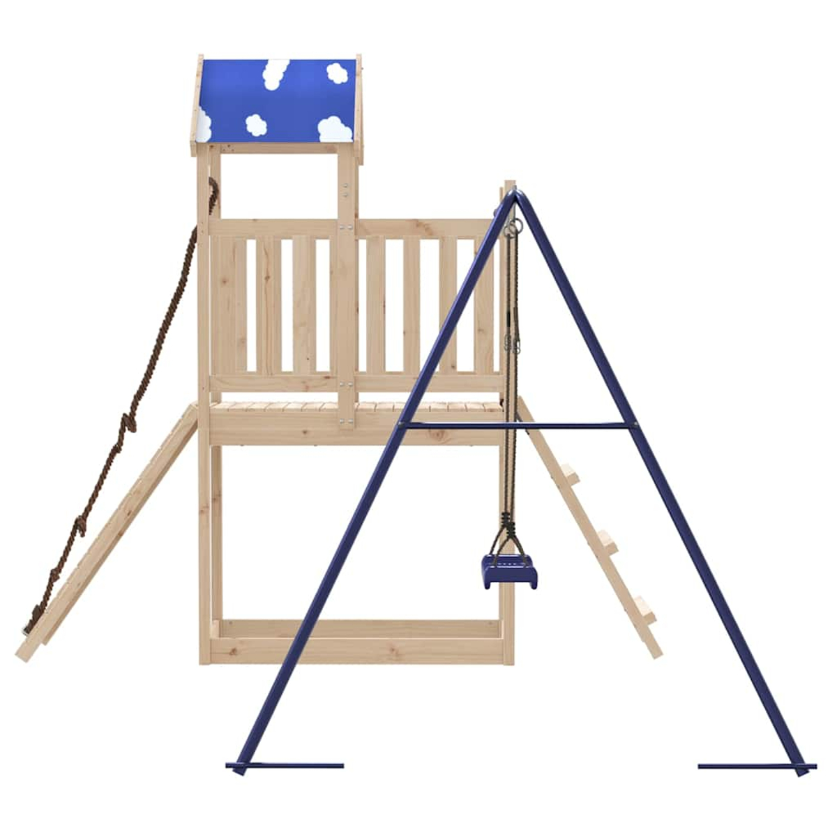 Ein Holzspielturm mit blauer Wolken-Dachabdeckung und einer blauen Schaukel.