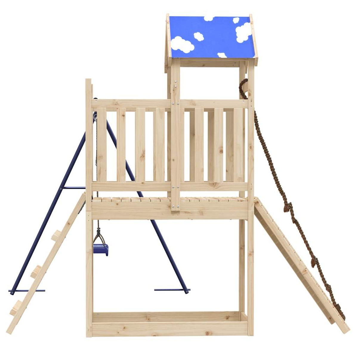 Holzspielturm mit blauer Wolkenbedachung, Leiter, Schaukel und Seil.