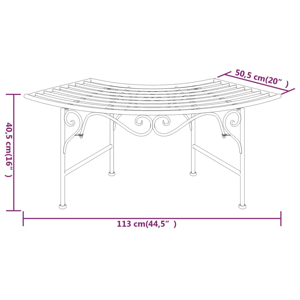 Contorno di panca in metallo con dimensioni: 113cm L, 50.5cm P, 40.5cm H.