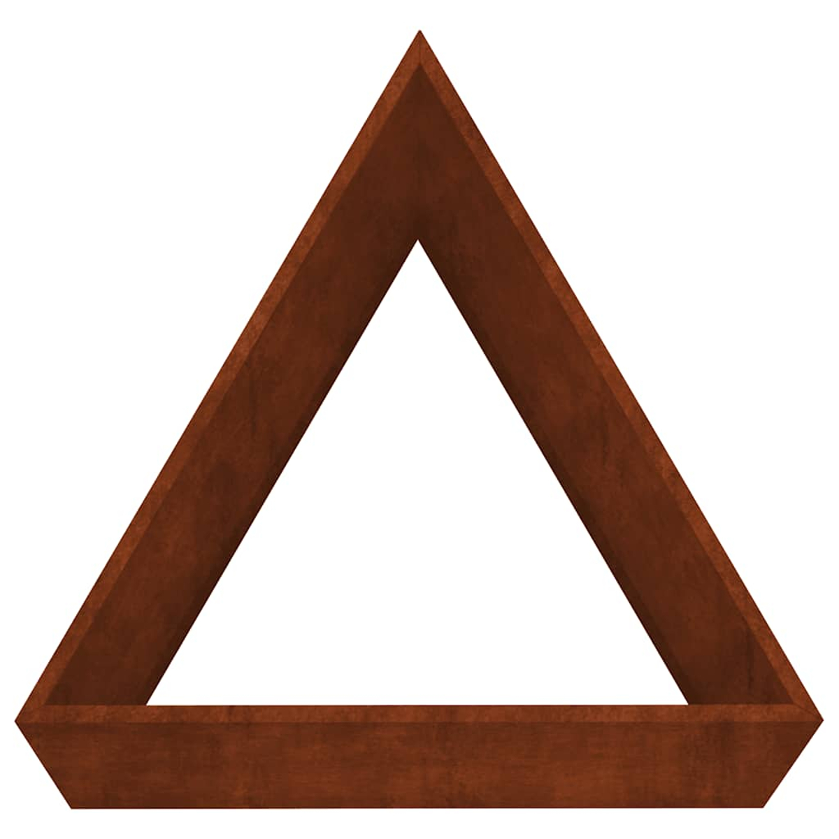 Ein dreieckiger Rahmen aus braunem Holz mit weißem Hintergrund.