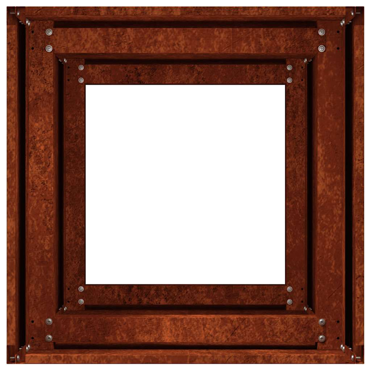 Una cornice rettangolare marrone con viti visibili e un centro bianco.
