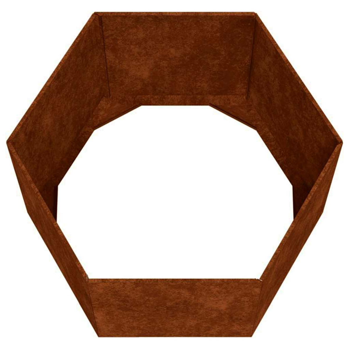 Ein achteckiger Cortenstahl-Hochbeet-Rahmen auf weißem Hintergrund.