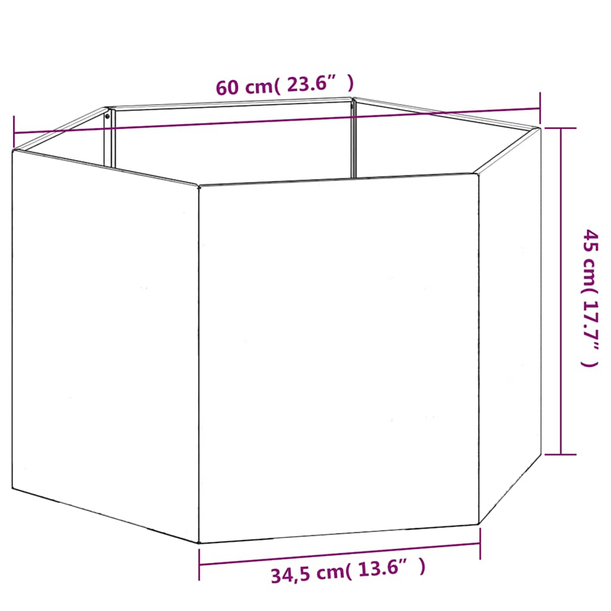 Sechseckiger Behälter, 60cm breit, 45cm hoch, 34,5cm tief.