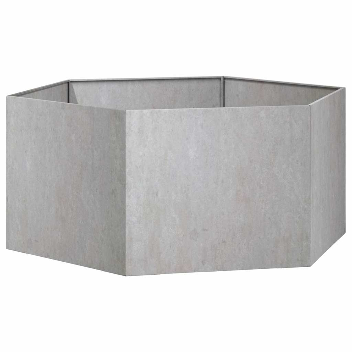 Ein sechseckiger grauer Behälter, der auf weißem Hintergrund steht.