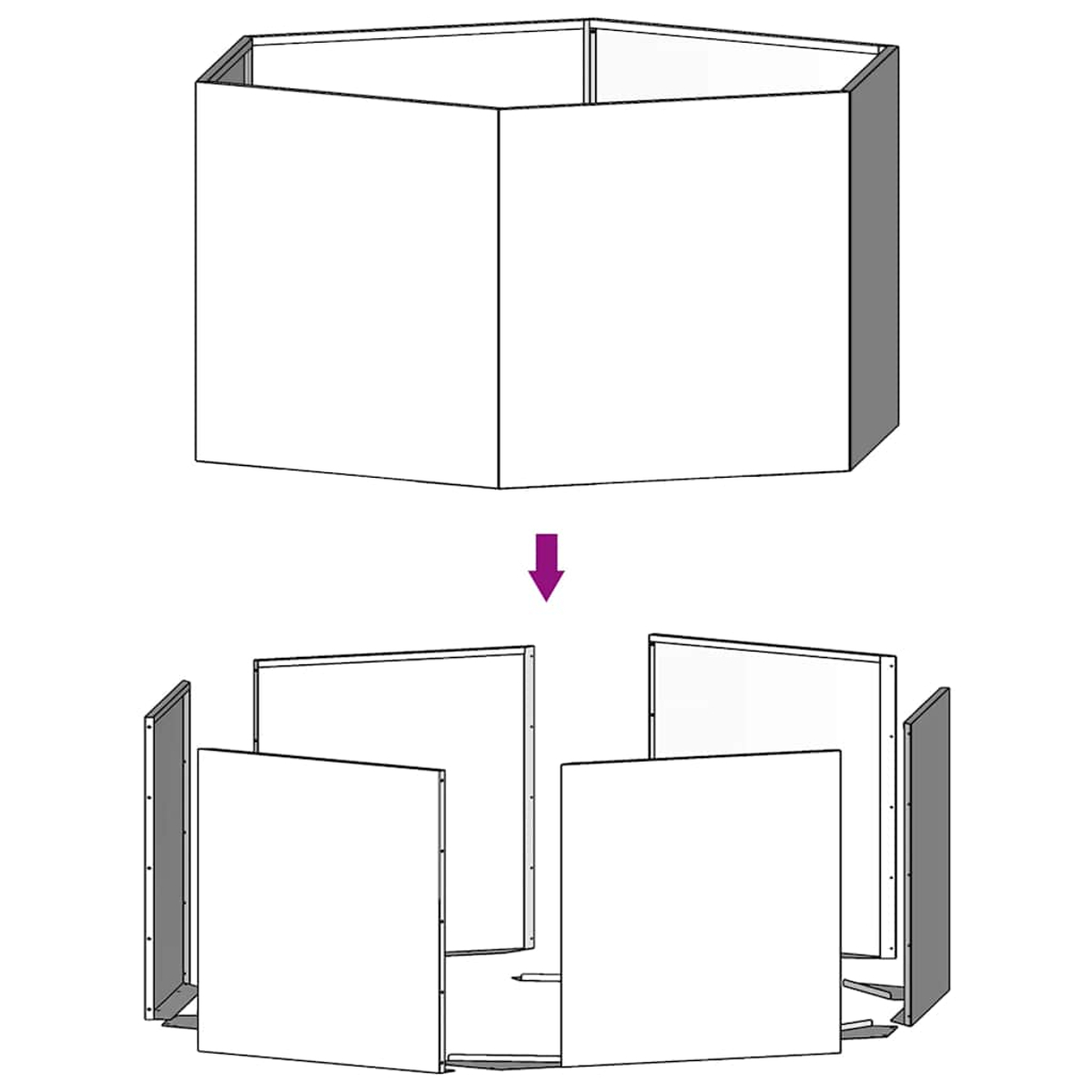 Eine hexagonale Struktur wird aufgebaut, zuerst geschlossen, dann zerlegt.
