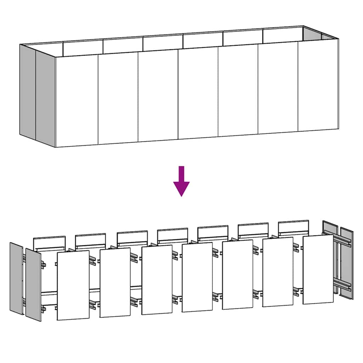 Eine Illustration zeigt eine Wandkonstruktion, die sich öffnet, um eine Reihe von Türen zu enthüllen.
