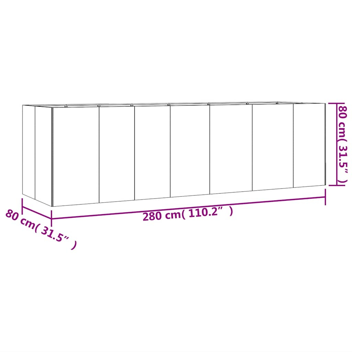 Ein langer, schmaler Schrank mit acht Türen, 280x80x80 cm.