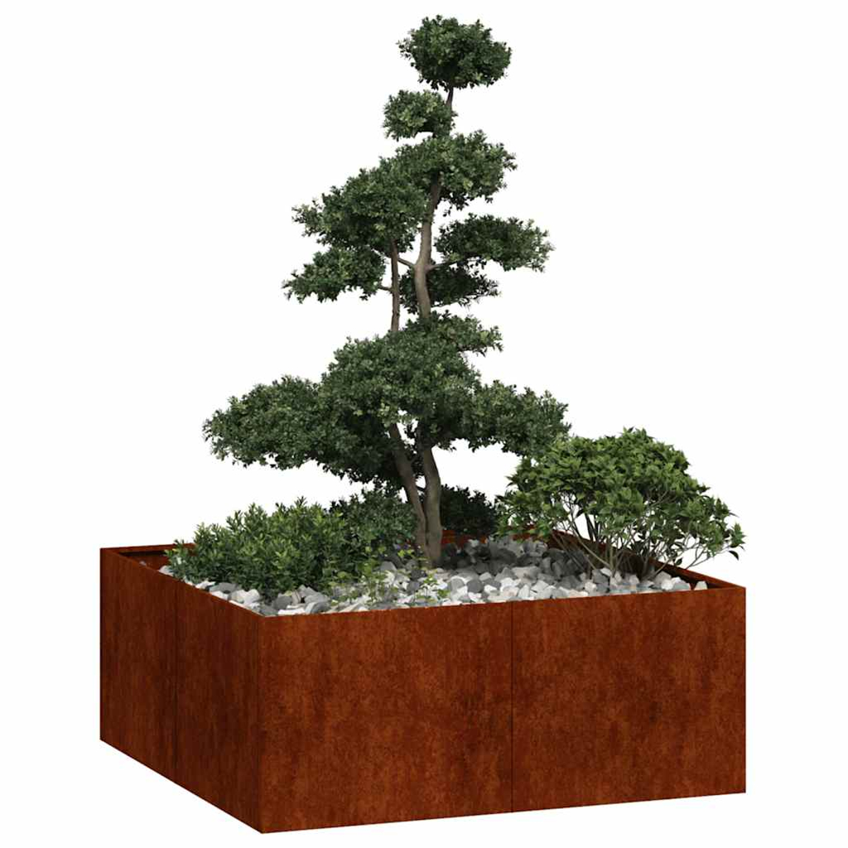 Una fioriera in metallo arrugginito con alberi e pietre.
