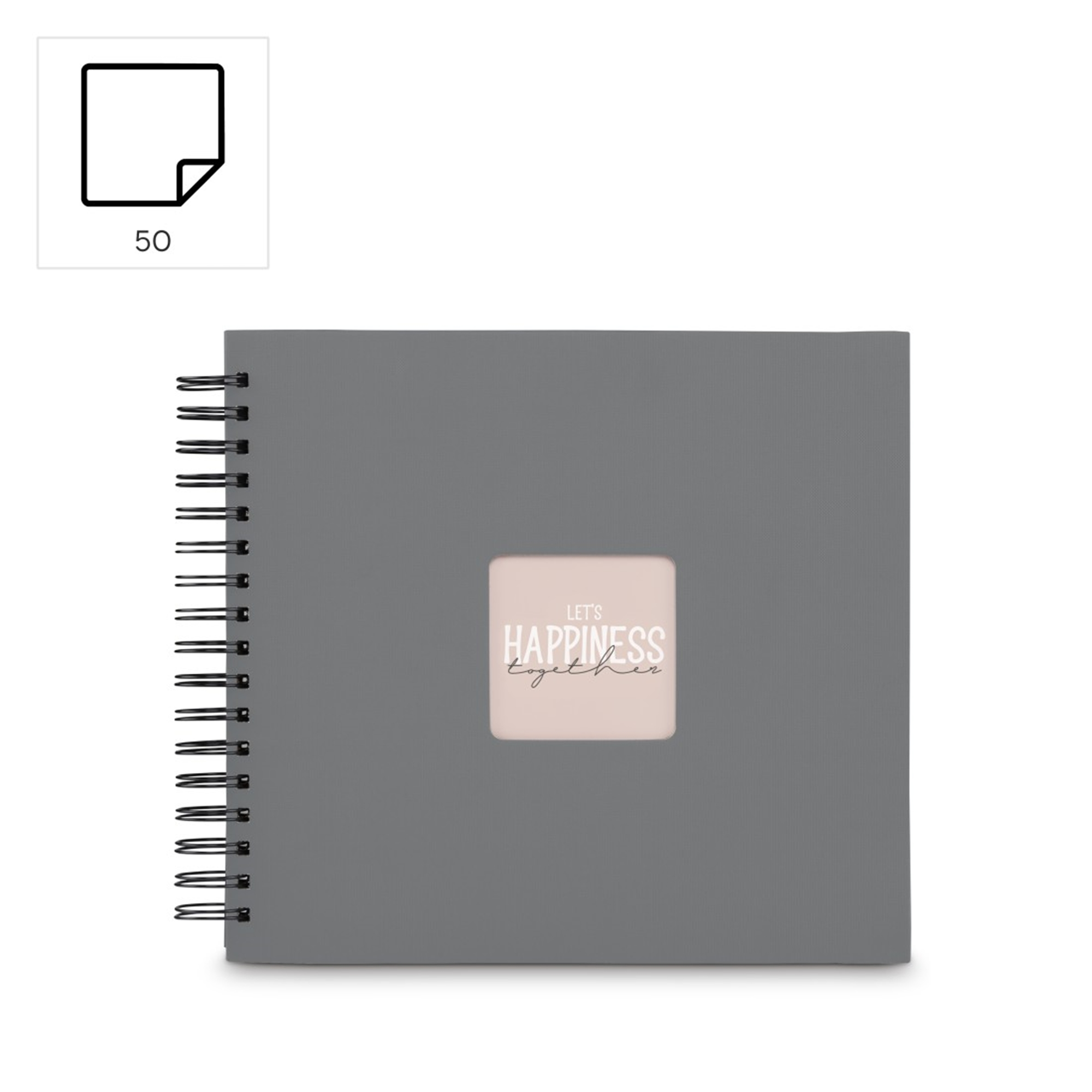 Szary notes spiralny z napisem „Let's Happiness Together” na okładce.
