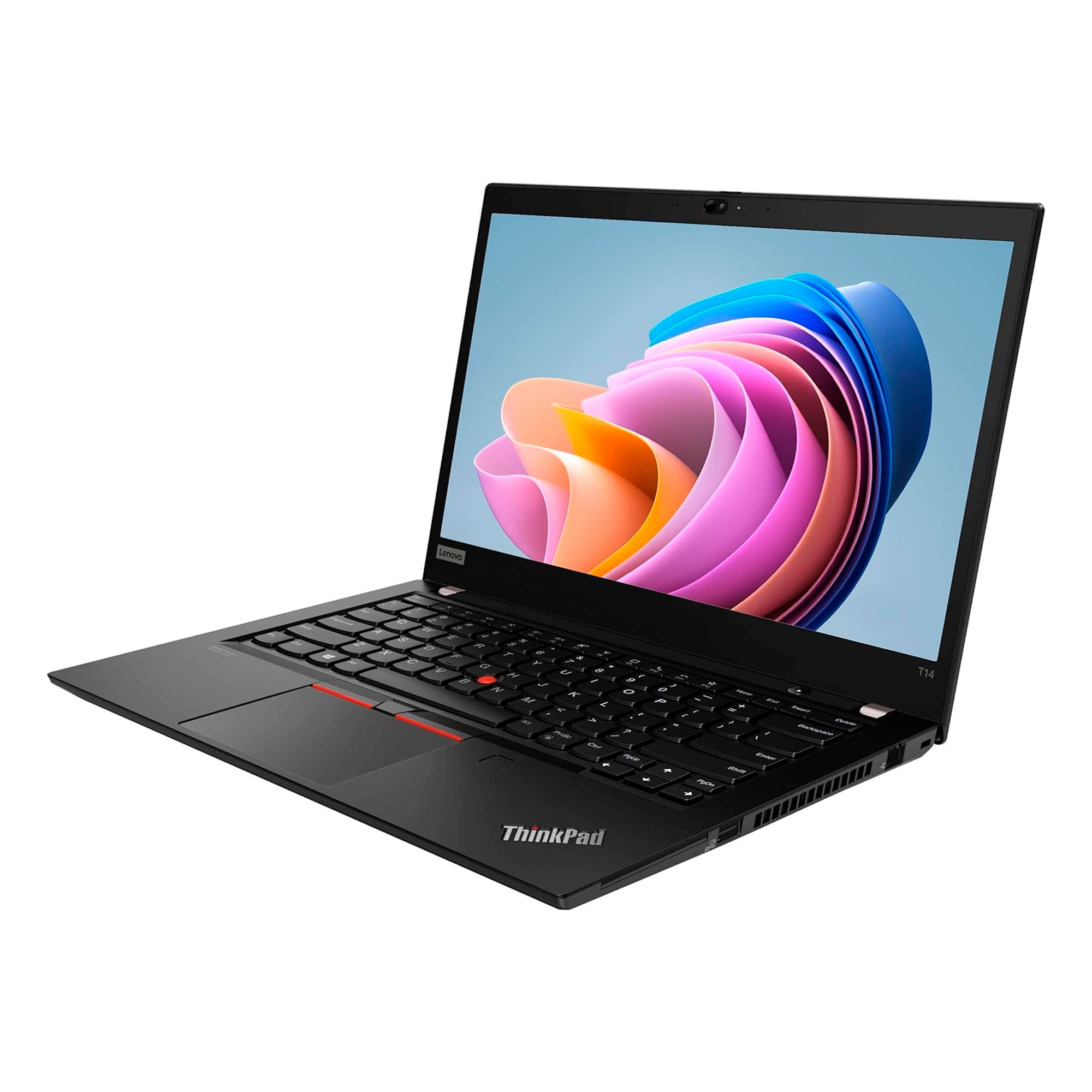 Portátil Lenovo ThinkPad negro con fondo de pantalla colorido.