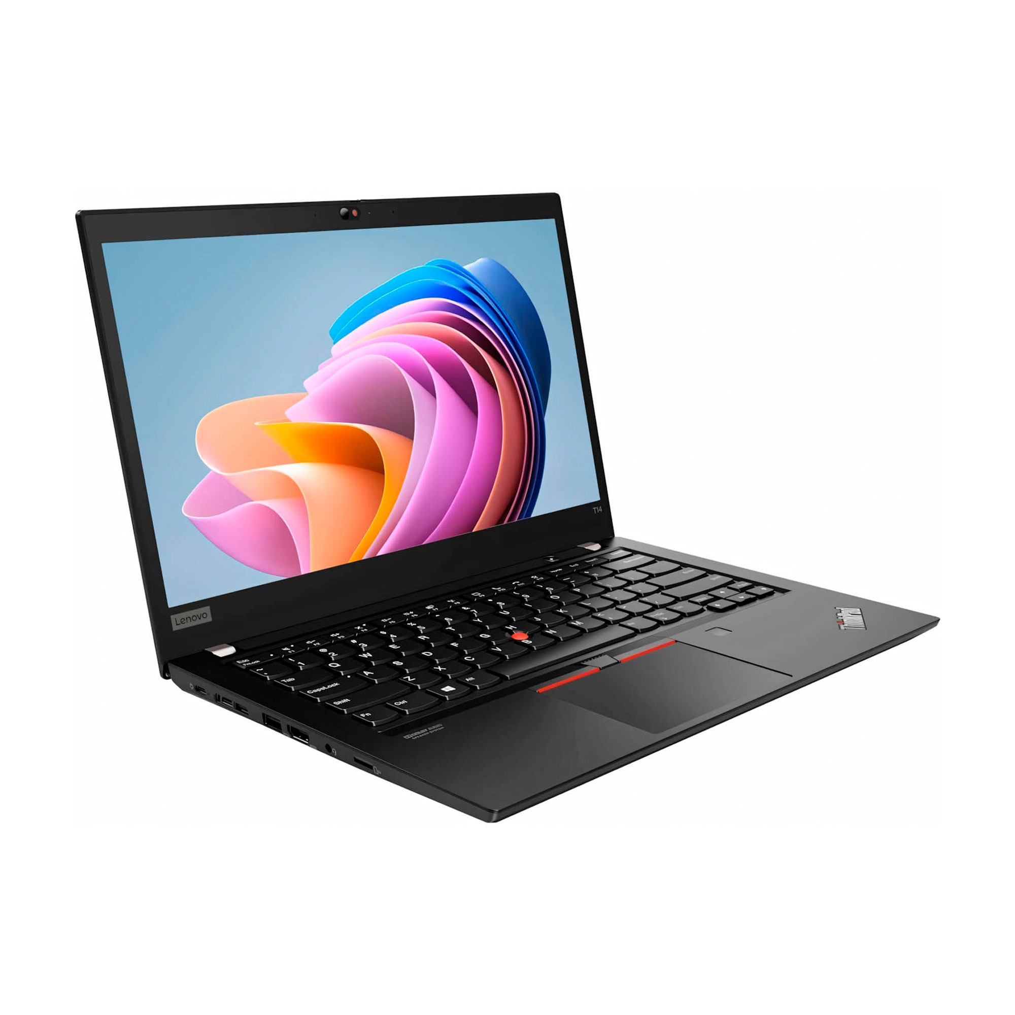 Un portátil Lenovo negro con teclado y un fondo de pantalla colorido.