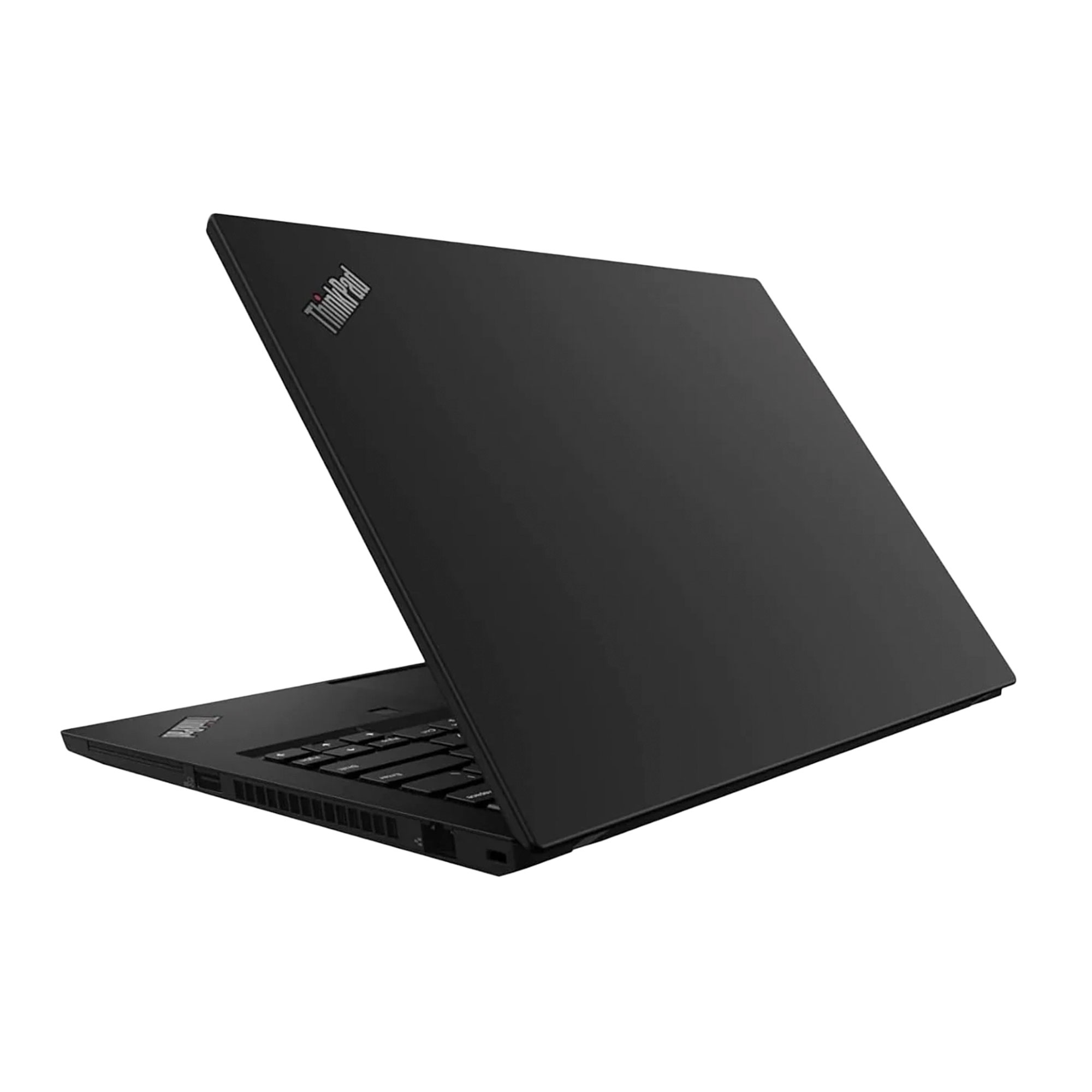 Un portátil negro ThinkPad está abierto sobre una superficie blanca.