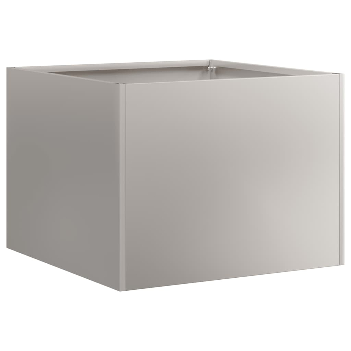 Un contenitore argentato, a forma di cubo, aperto in alto, senza coperchio.