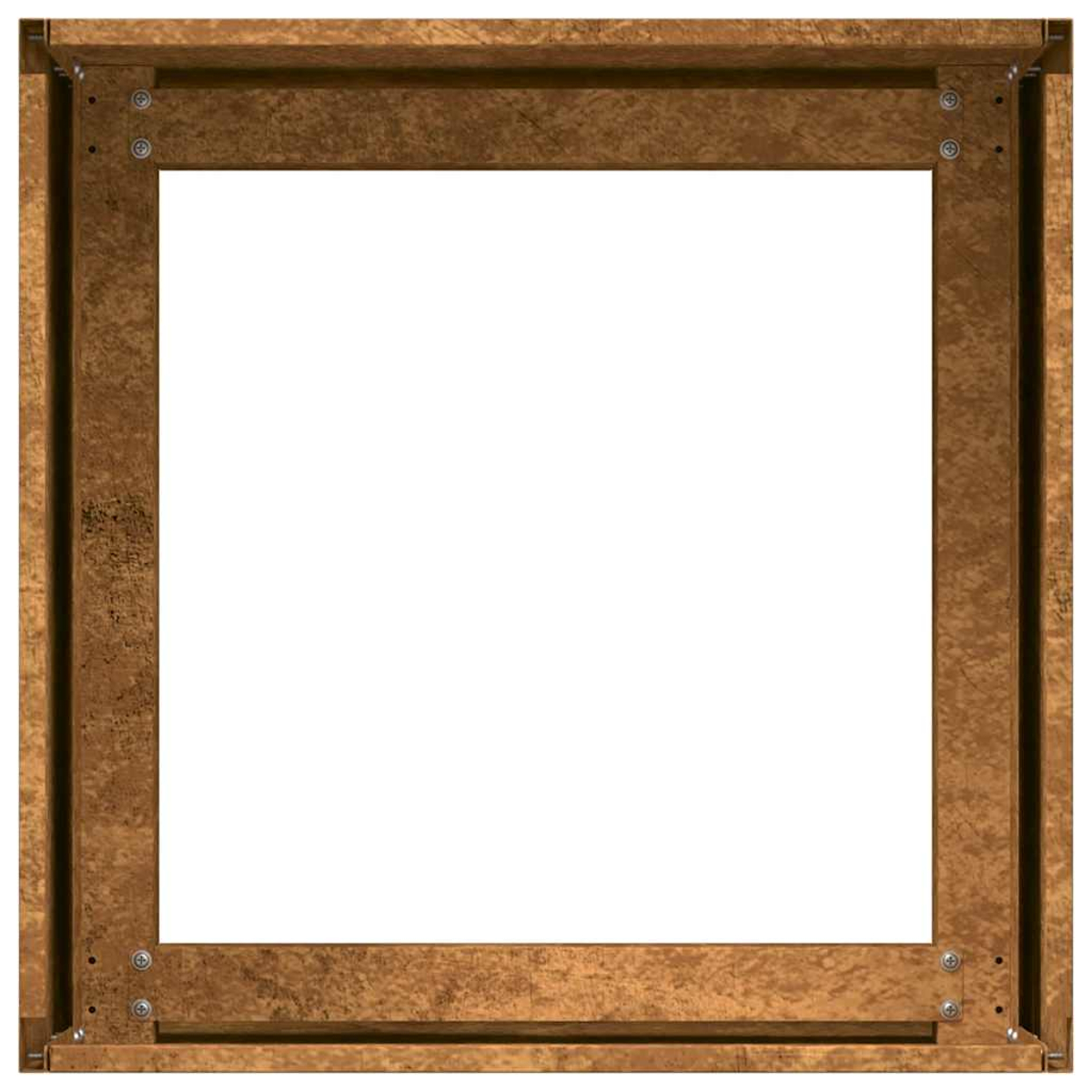 Una cornice rustica in legno con viti visibili e centro bianco.