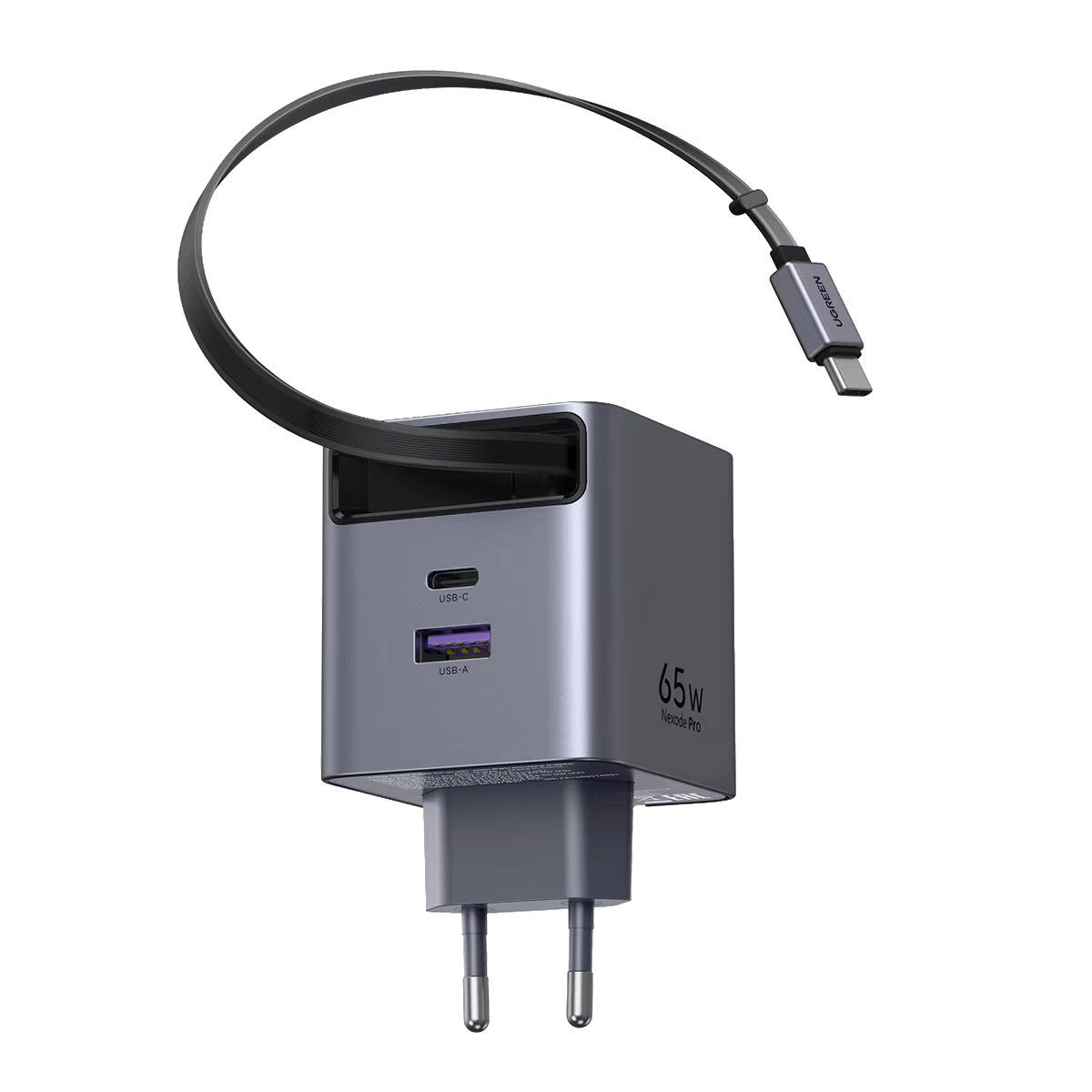 Szara ładowarka USB-C 65W z portami USB-A i USB-C.