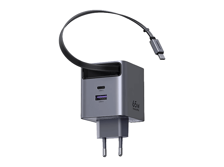 UGREEN 65825 65W Makaralı Dahili Kablolu GaN 2xUSB-C 1xUSB-A Hızlı Şarj Aleti Gri