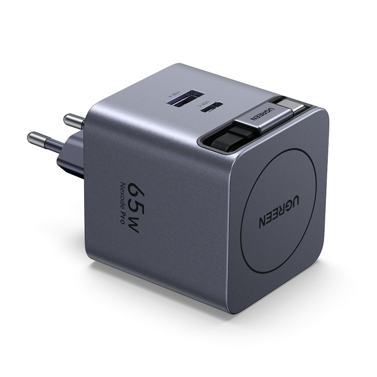 Szara ładowarka UGREEN Nexode Pro 65W z portami USB-A, USB-C i składanym wtykiem.
