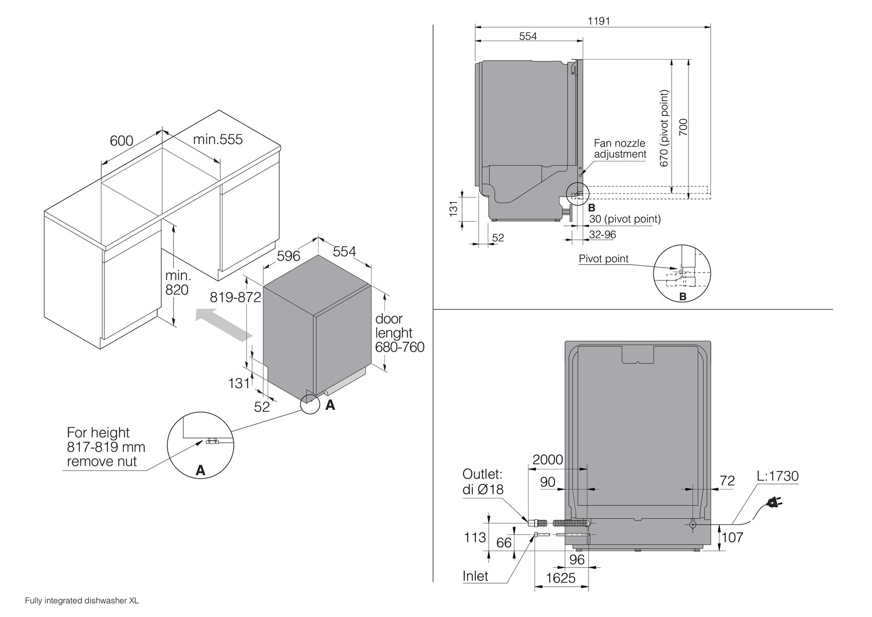 Disegno tecnico di una lavastoviglie integrata con dimensioni e dettagli di installazione.
