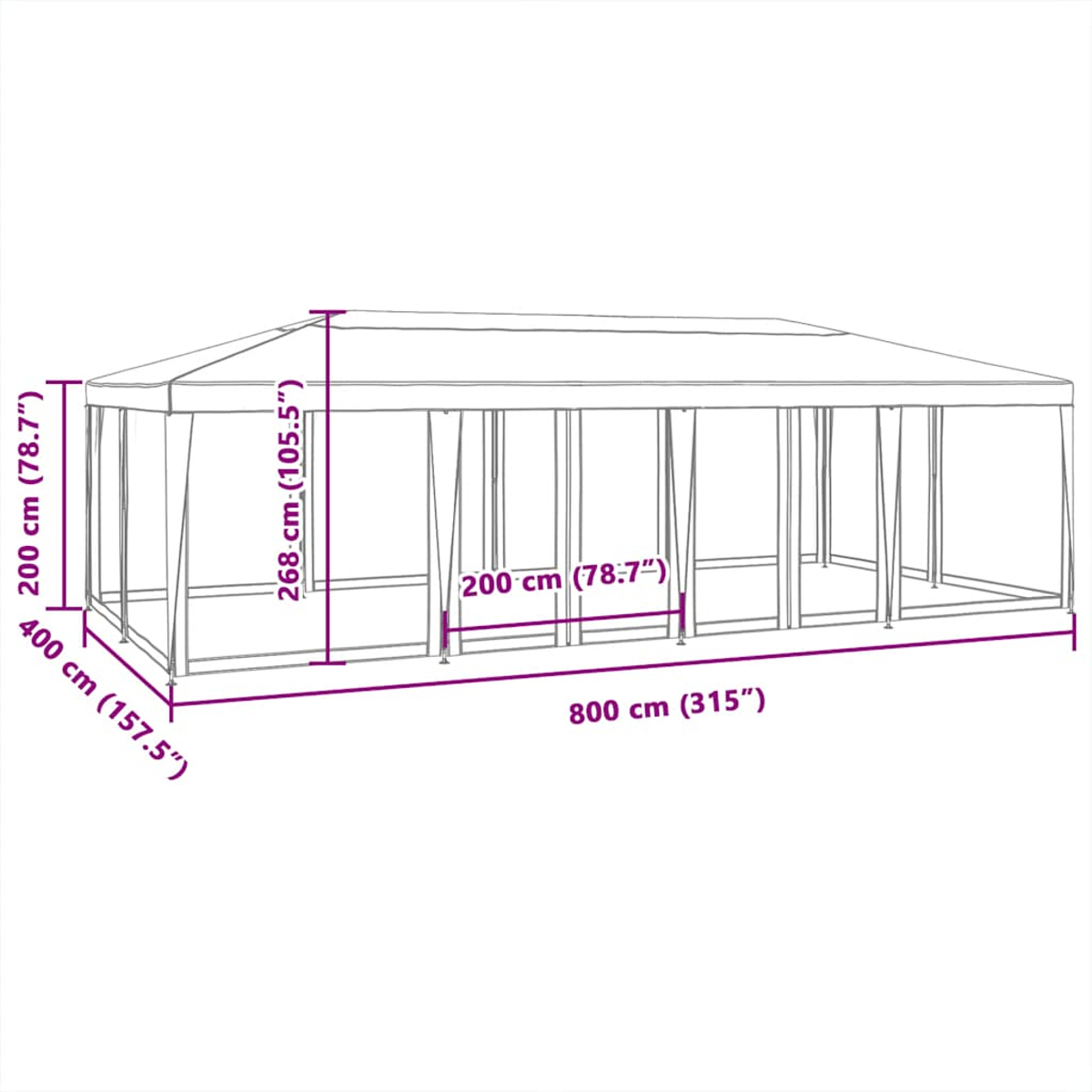 Una tenda rettangolare di 800x400x268cm, con pali e tende.
