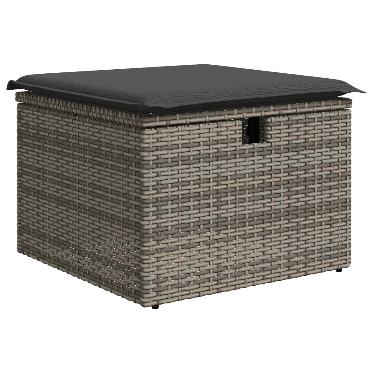 Grauer Rattantruhe mit dunklem Kissen. Geschlossener Deckel mit Griff.