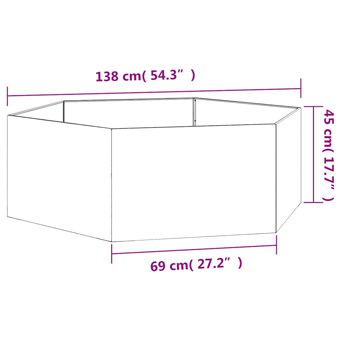 Ein sechseckiger Behälter mit den Maßen 138 cm x 69 cm x 45 cm.