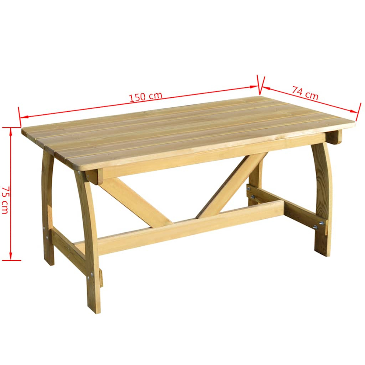 Holztisch mit Maßen 150x74x75 cm, auf weißem Grund.