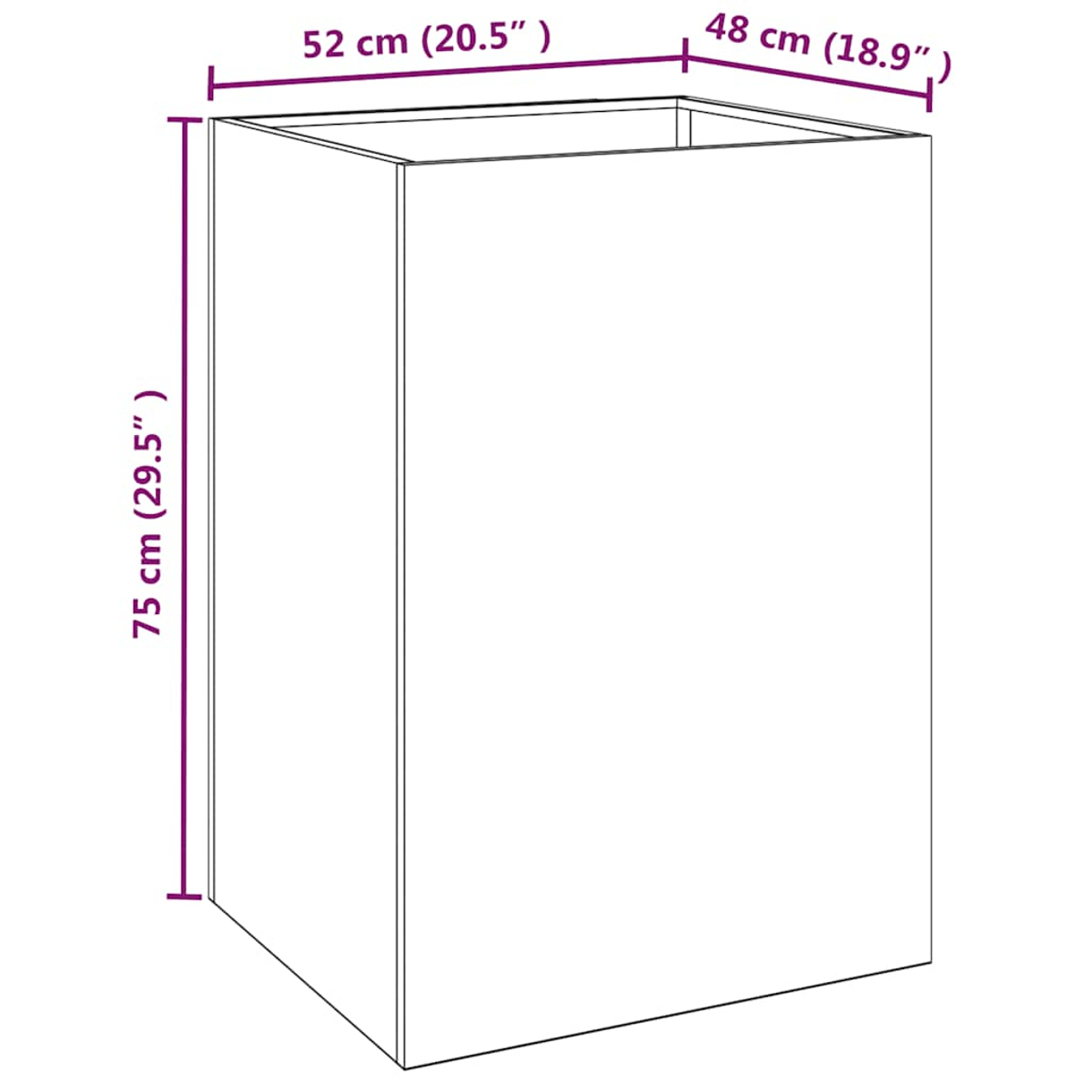 Ein rechteckiger Behälter mit Maßen 75x52x48 cm.