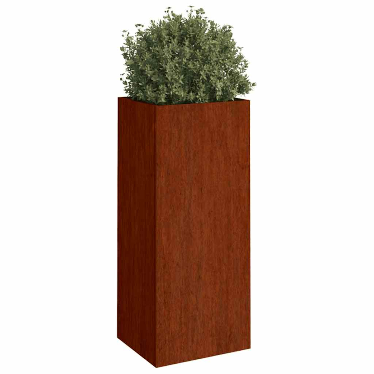 Hoher, rechteckiger Rostmetall-Blumentopf mit einer üppigen grünen Pflanze.