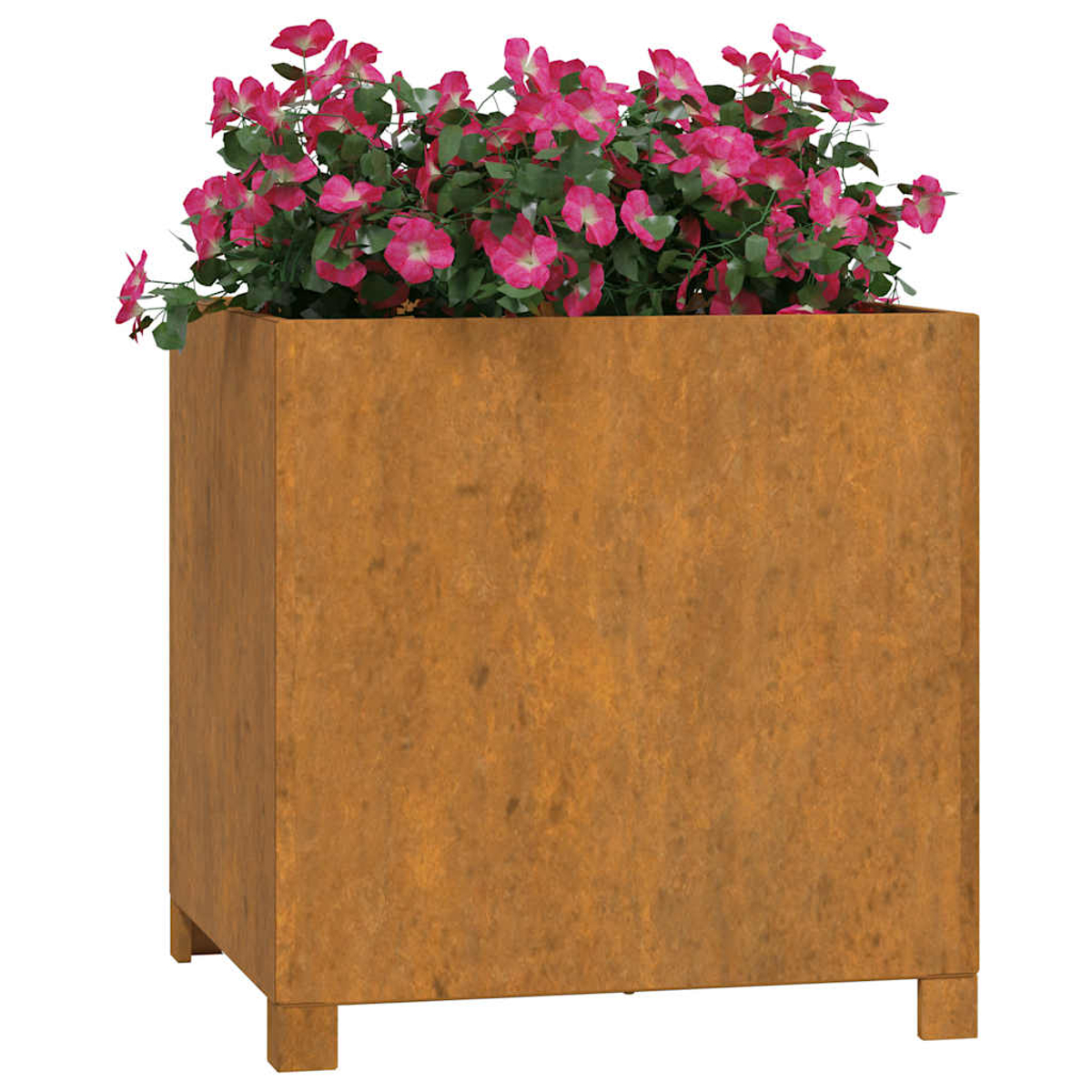 Rostiger Pflanzkasten mit pinken Blumen und grünen Blättern.