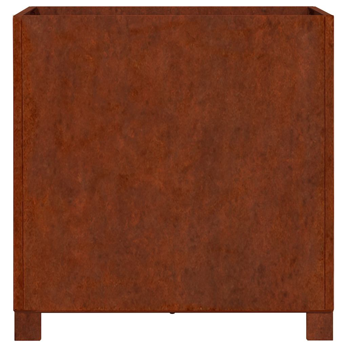 Ein quadratischer, rostfarbener Metallpflanzer mit vier kurzen Beinen. Der Pflanzer hat eine texturierte, verwitterte Oberfläche.