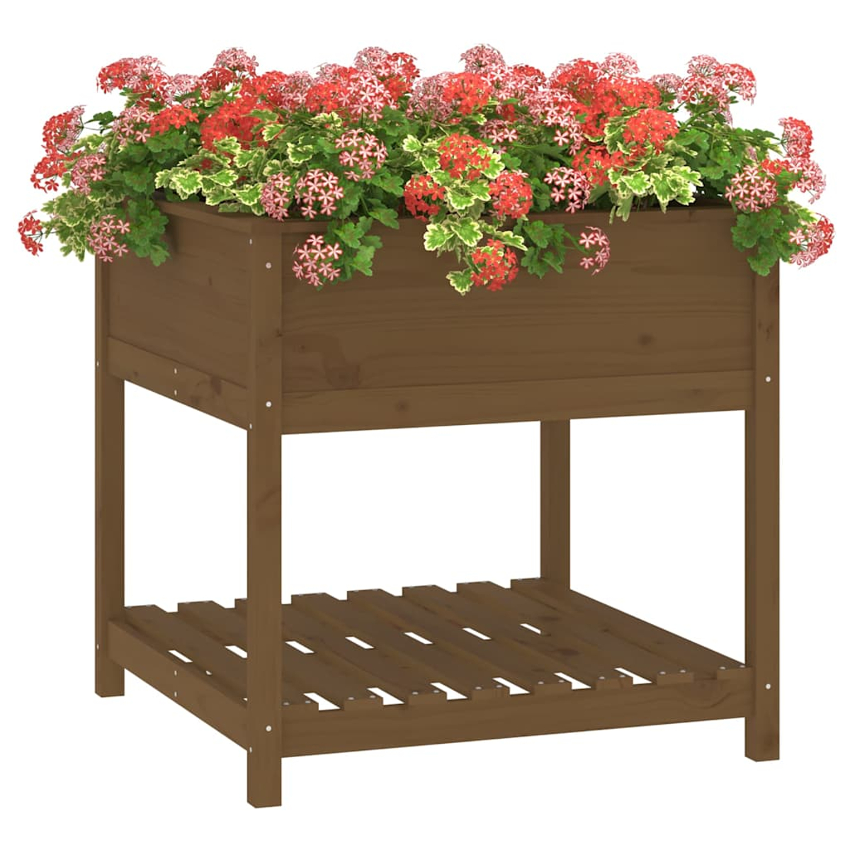 Brauner Holz-Hochbeet mit roten und rosa Blumen und einem Regal darunter.