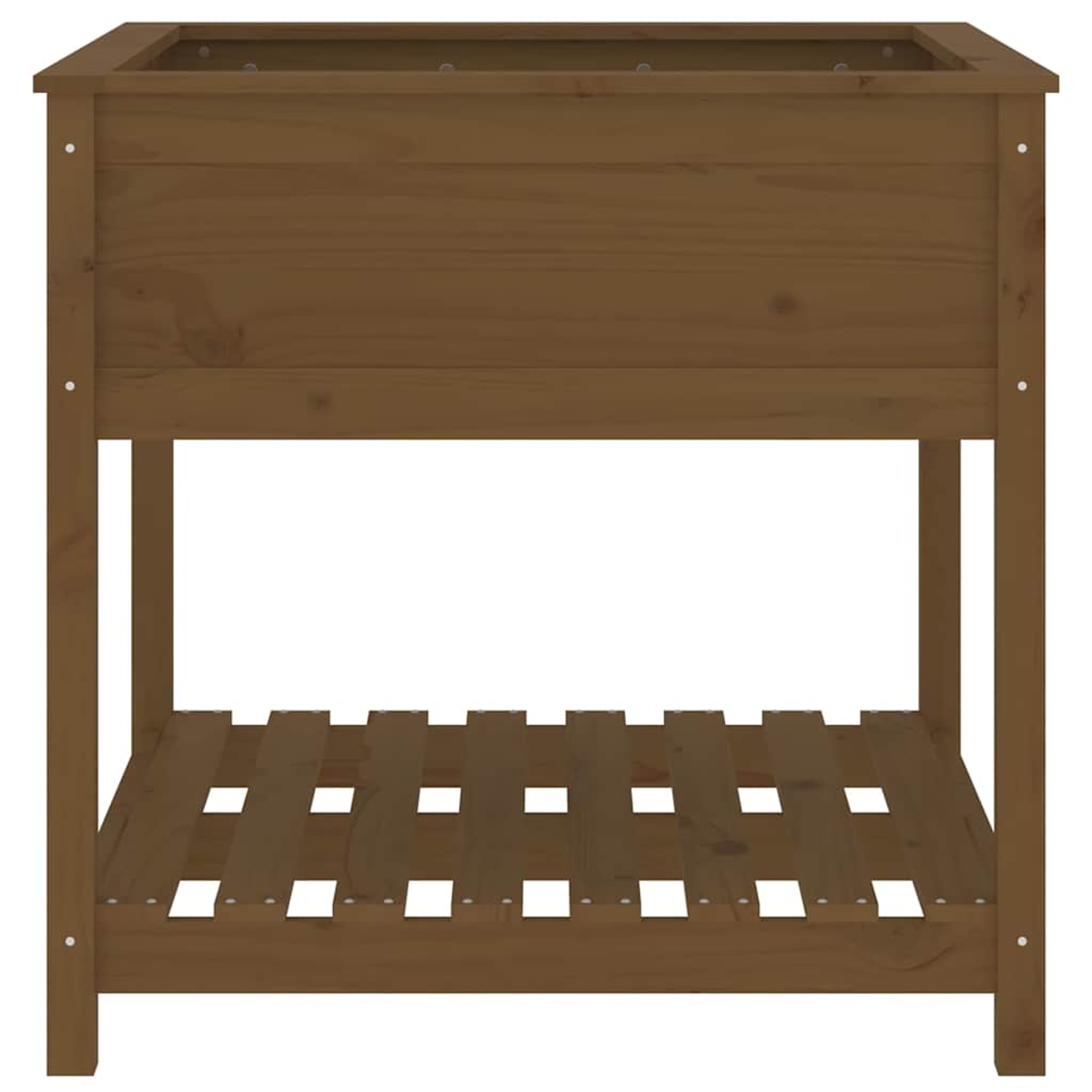 Ein brauner Holz-Hochbeet mit zwei Ebenen und Lamellenboden.