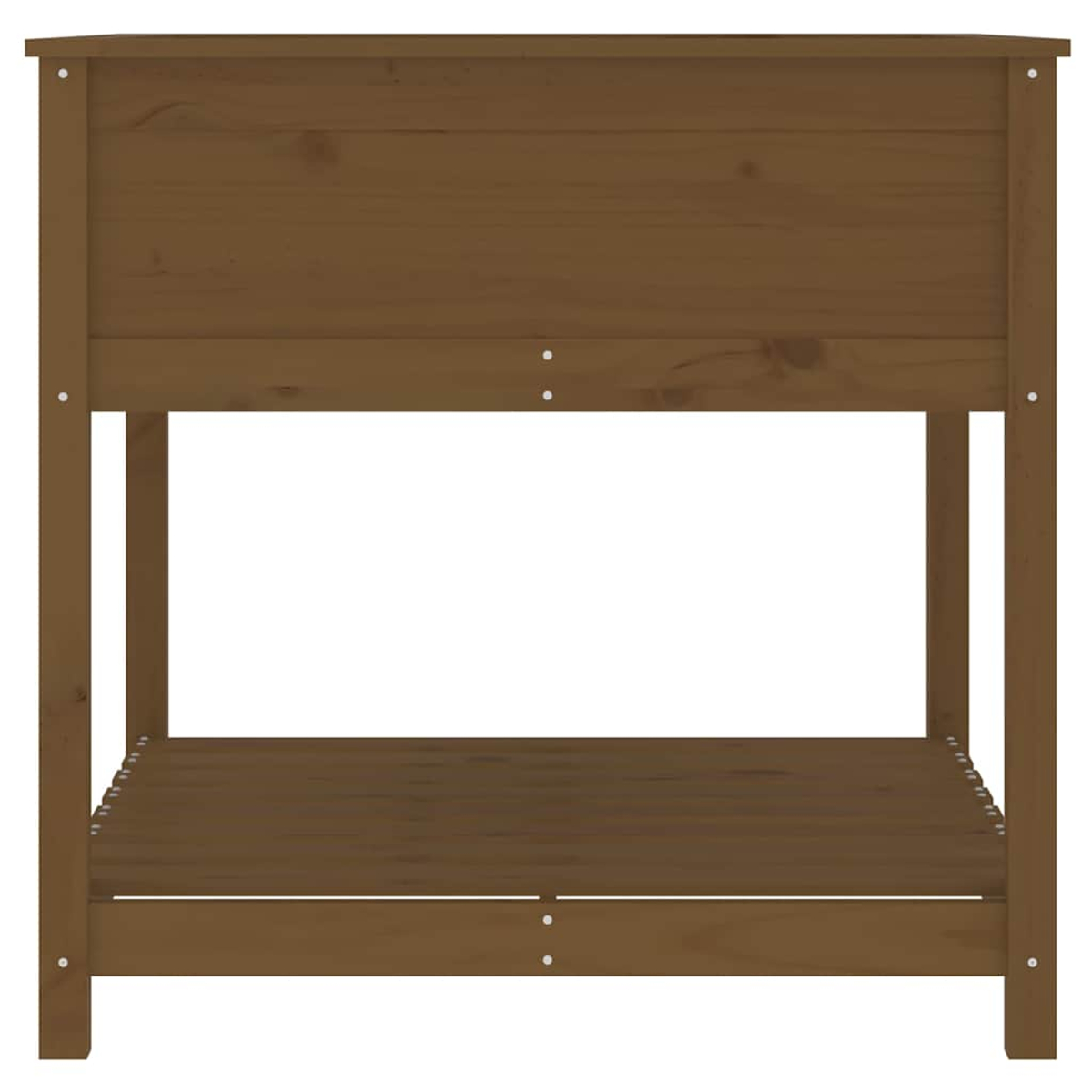 Ein braunes Holzregal mit zwei Ebenen, Frontansicht.